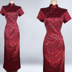 Vintage Red Black Floral Satin Cheongsam Dress